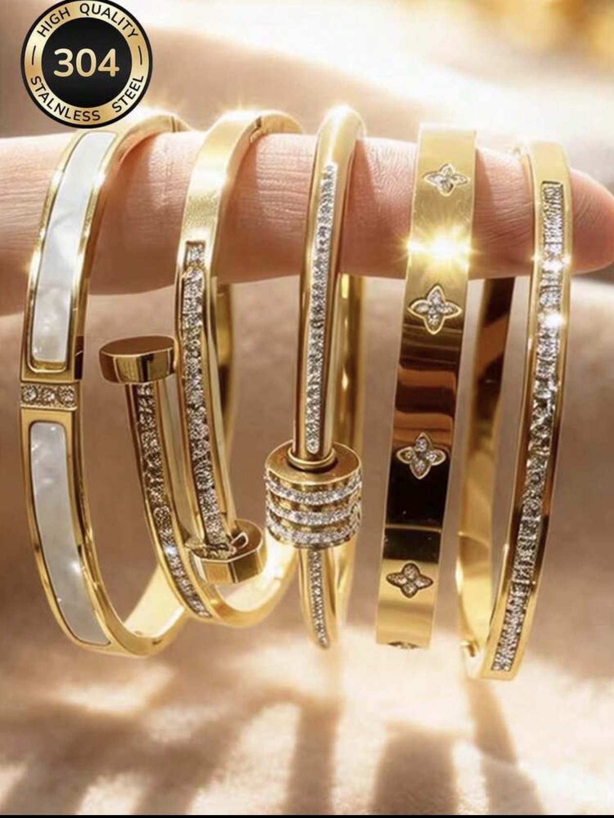 Bracelet Femme en Acier Inoxydable 304- Doré & Strass