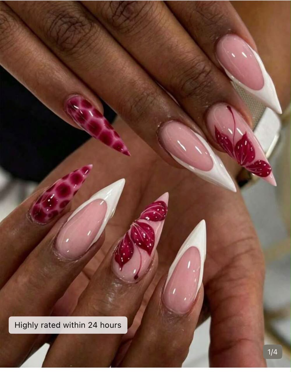 Faux Ongles Stiletto Rose & Blanc - Décorés